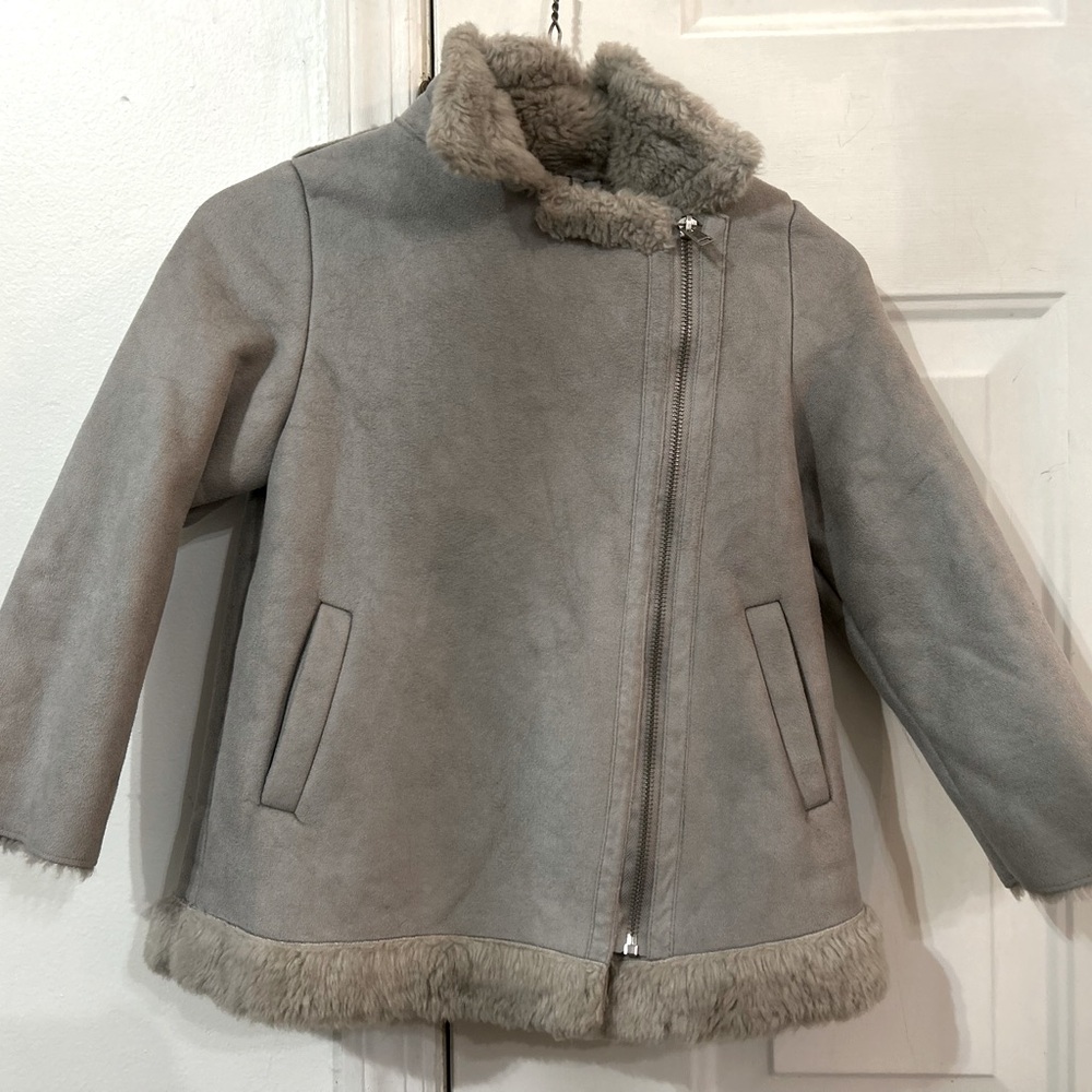 Zara Lined Faux Fur Grey Suede Jacket Girls 7